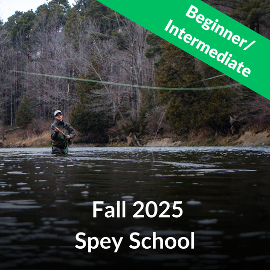 Person fly fishing in a lake with text about a spey school in Fall 2025.