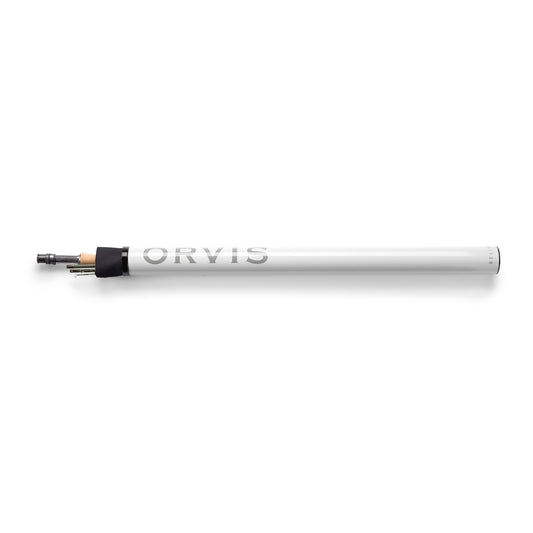 Orvis Helios F Fly Rods displayed in protective tube, ideal for finesse fishing and precision presentations.